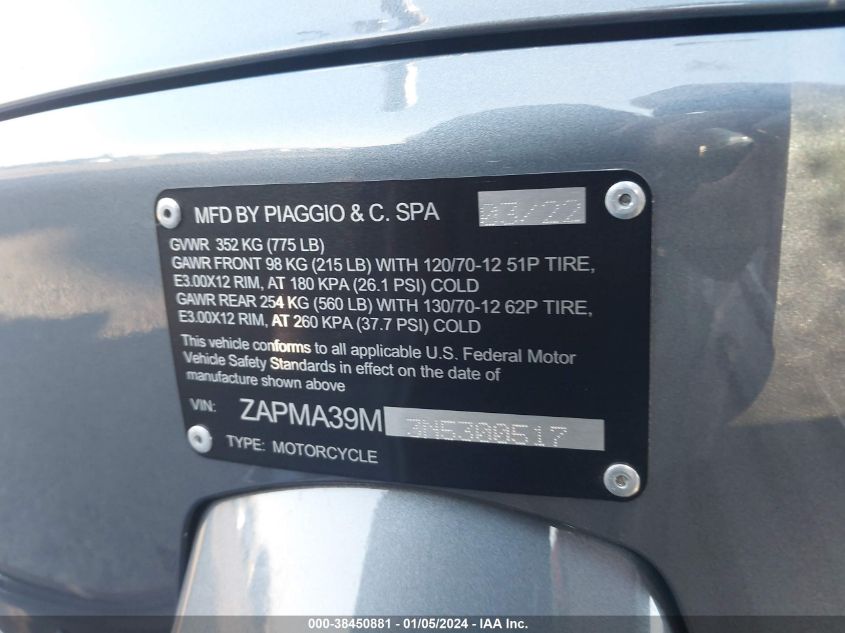 2022 VESPA GTS 300 SUPER ZAPMA39M3N5300517