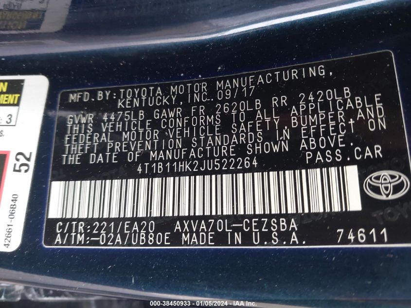 2018 TOYOTA CAMRY L/LE/XLE/SE/XSE - 4T1B11HK2JU522264