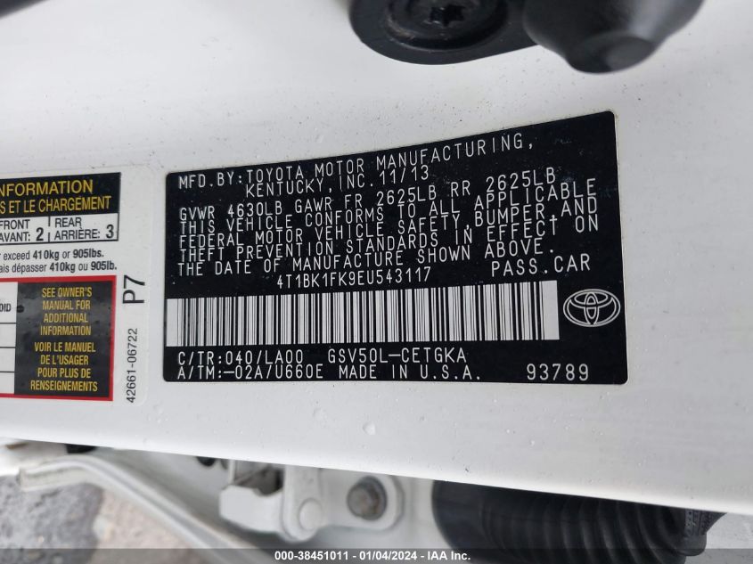 2014 TOYOTA CAMRY SE/XLE - 4T1BK1FK9EU543117
