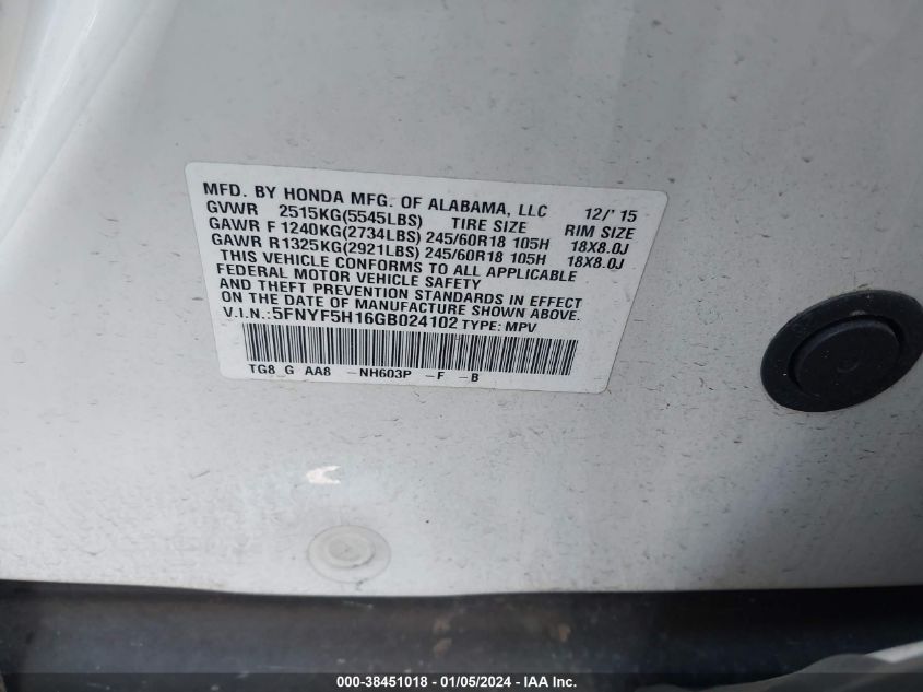 2016 HONDA PILOT LX - 5FNYF5H16GB024102