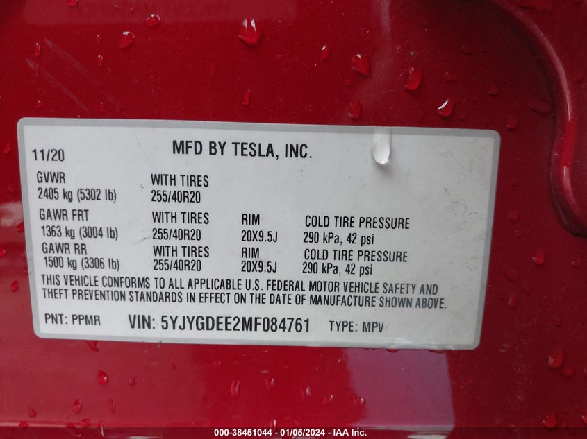 VIN 5YJYGDEE2MF084761 2021 TESLA MODEL Y LONG RANGE DUAL MOTOR ALL-WHEEL DRIVE