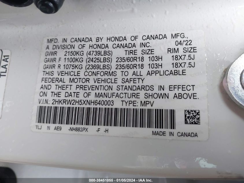 2022 HONDA CR-V EX - 2HKRW2H5XNH640003