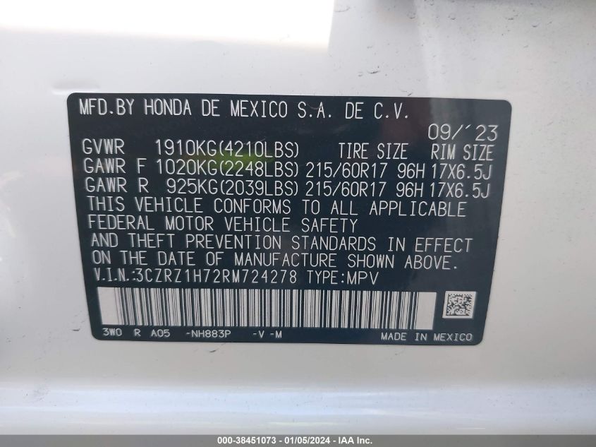 VIN 3CZRZ1H72RM724278 2024 HONDA HR-V EXL