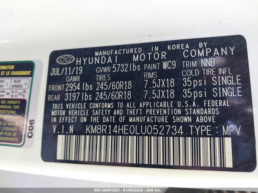 VIN KM8R14HE0LU052734 2020 HYUNDAI PALISADE SE