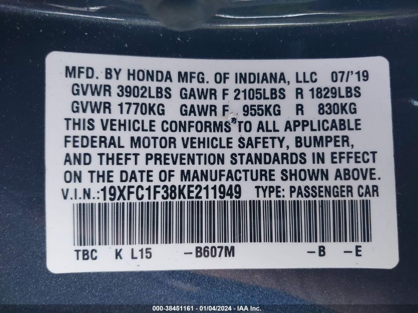 2019 HONDA CIVIC EX - 19XFC1F38KE211949