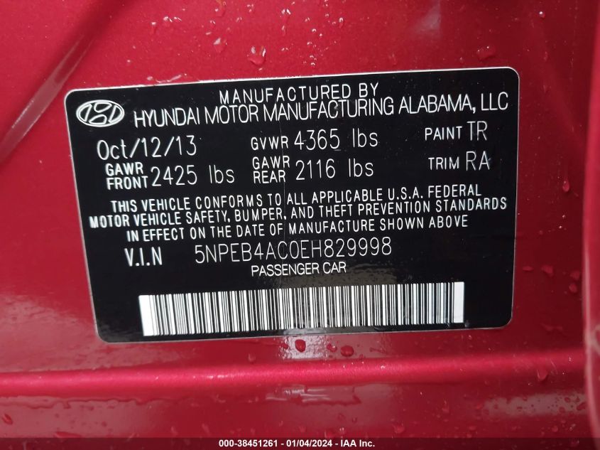 2014 HYUNDAI SONATA GLS - 5NPEB4AC0EH829998