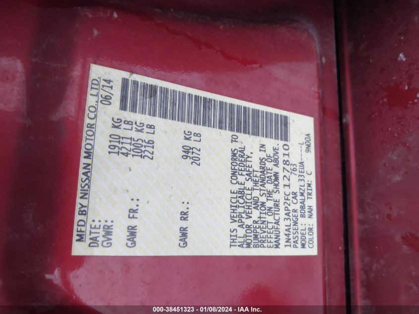 2015 NISSAN ALTIMA 2.5/S/SV/SL - 1N4AL3AP2FC127810