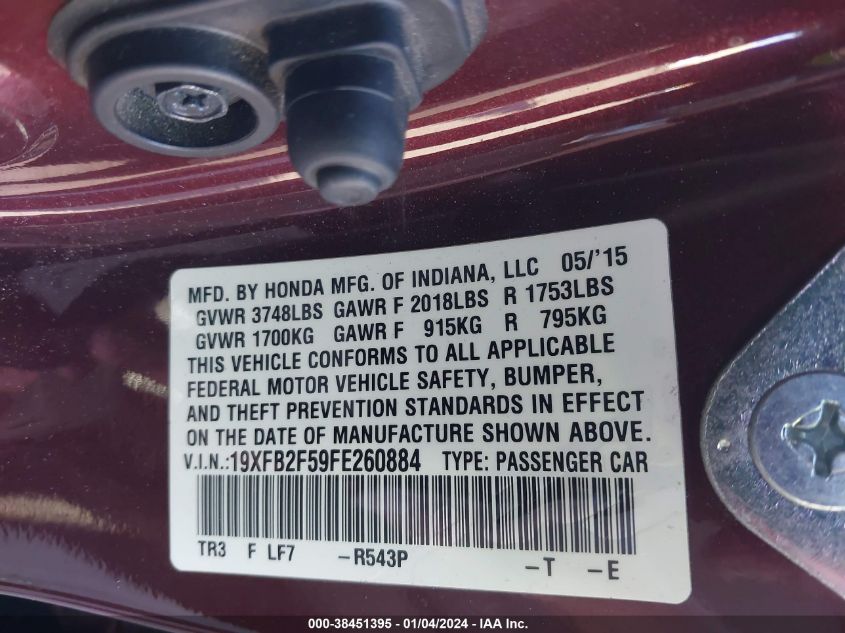 2015 HONDA CIVIC LX - 19XFB2F59FE260884