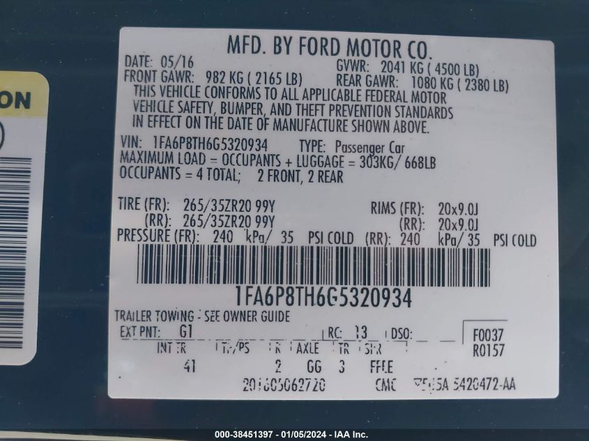 2016 FORD MUSTANG ECOBOOST - 1FA6P8TH6G5320934