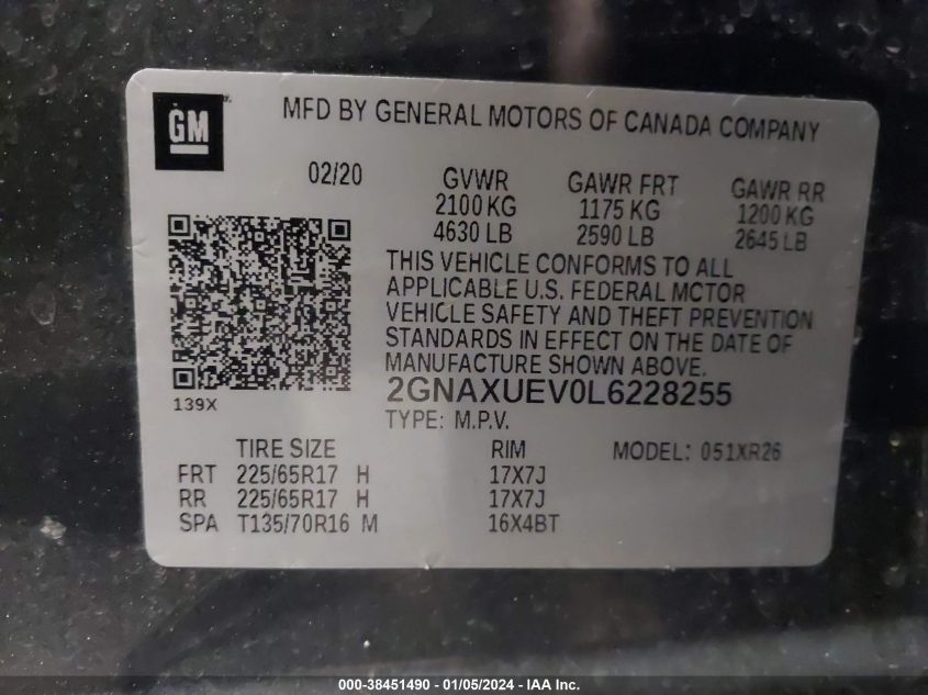 2020 CHEVROLET EQUINOX AWD LT 1.5L TURBO - 2GNAXUEV0L6228255