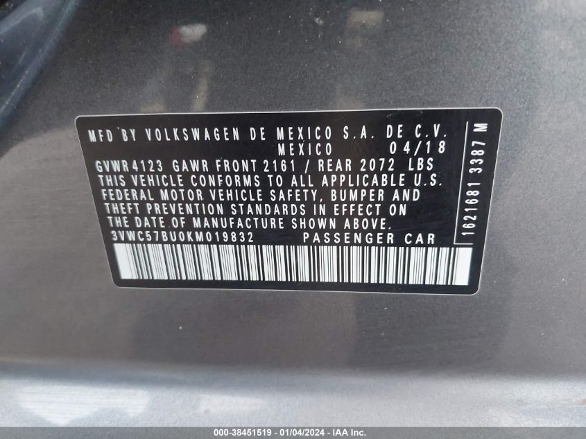 2019 VOLKSWAGEN JETTA 1.4T R-LINE/1.4T S/1.4T SE - 3VWC57BU0KM019832