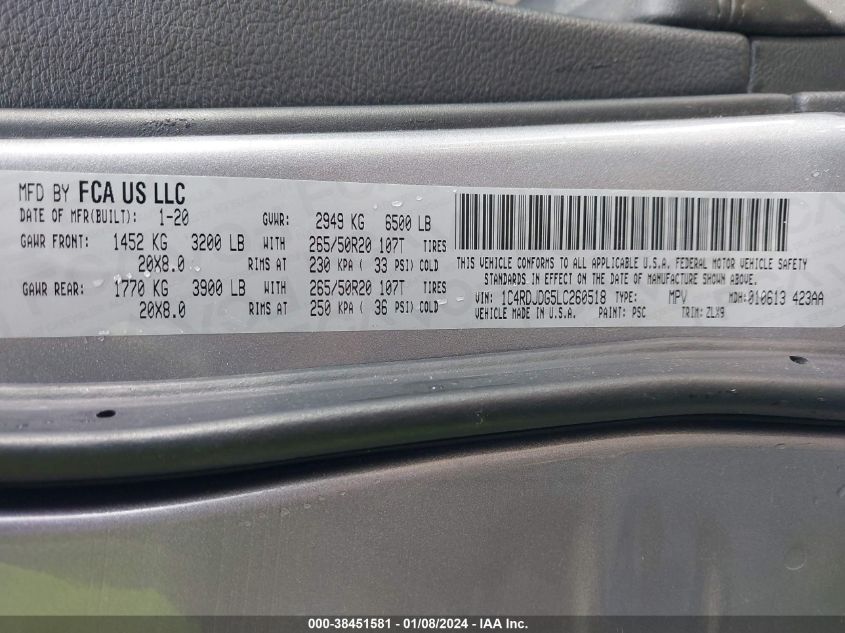 2020 DODGE DURANGO GT - 1C4RDJDG5LL260518