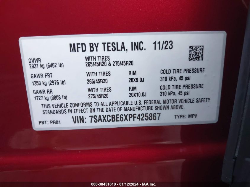 2023 TESLA MODEL X PLAID TRI MOTOR ALL-WHEEL DRIVE - 7SAXCBE6XPF425867