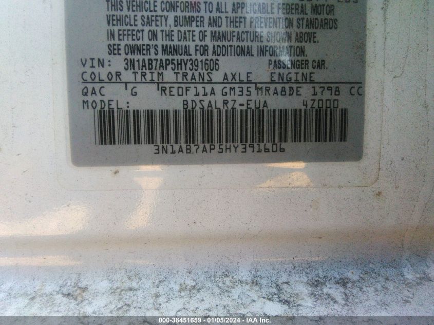 2017 NISSAN SENTRA S/SV/SR/SL - 3N1AB7AP5HY391606