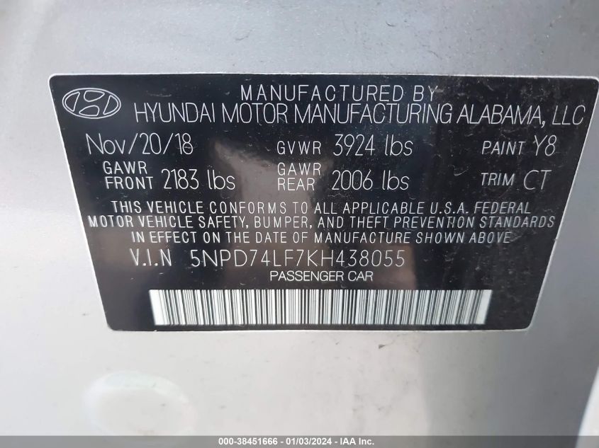 2019 HYUNDAI ELANTRA SE - 5NPD74LF7KH438055