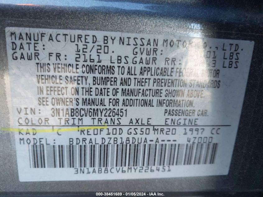 2021 NISSAN SENTRA SV - 3N1AB8CV6MY226451