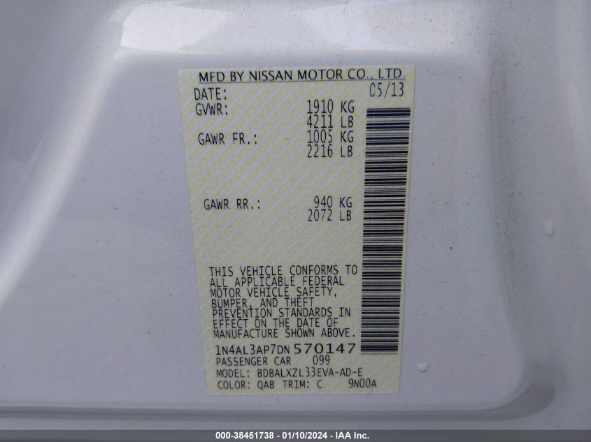 2013 NISSAN ALTIMA 2.5 SL - 1N4AL3AP7DN570147
