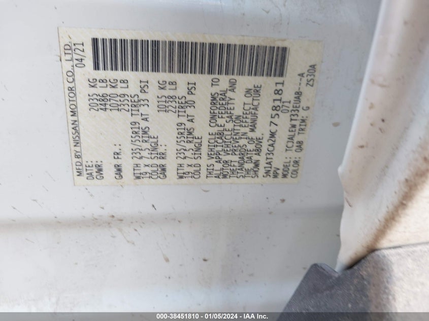 VIN 5N1AT3CA2MC758181 2021 NISSAN ROGUE SL FWD