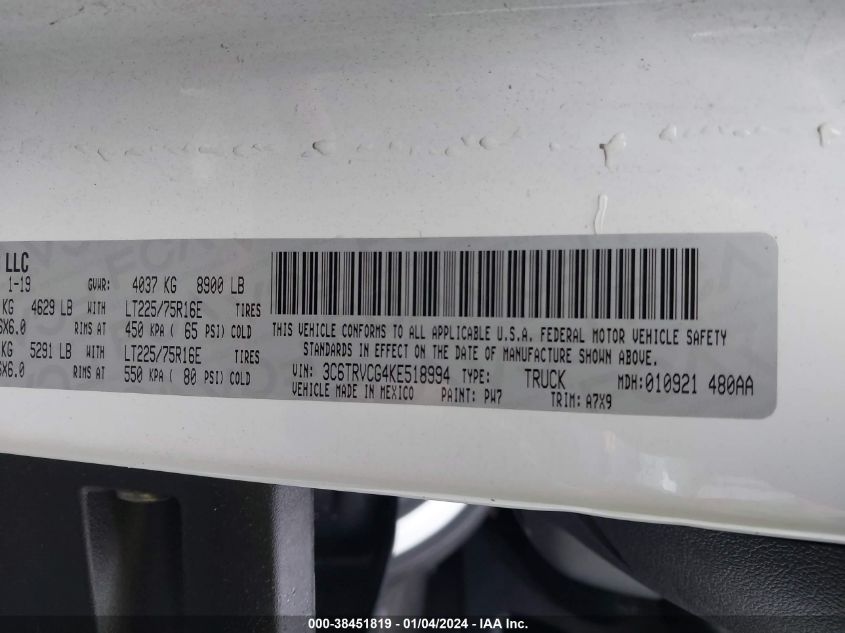 2019 RAM PROMASTER 2500 HIGH ROOF 136 WB 3C6TRVCG4KE518994