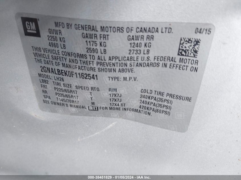 2015 CHEVROLET EQUINOX 1LT - 2GNALBEK0F1162541