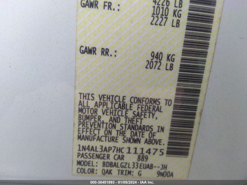 2017 NISSAN ALTIMA 2.5/S/SV/SL/SR - 1N4AL3AP7HC111475