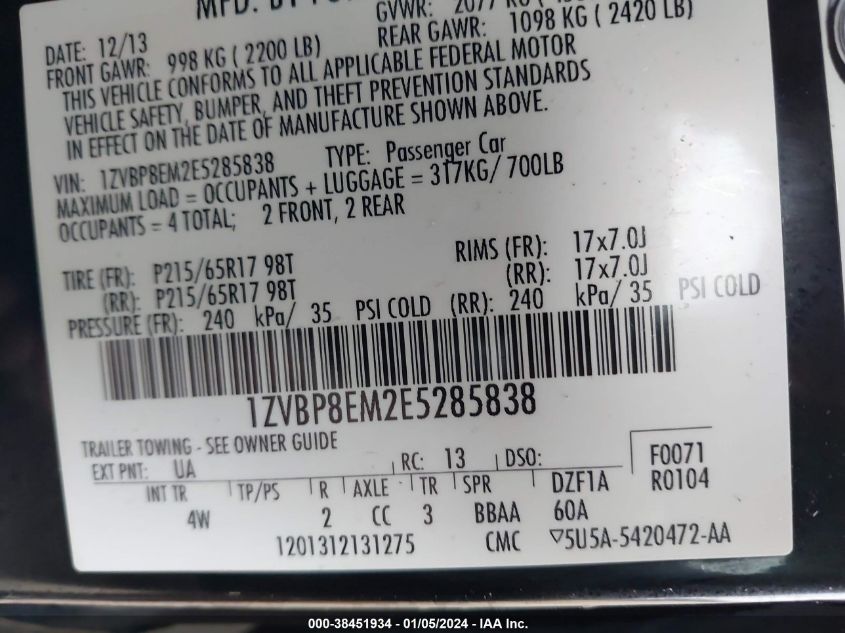 2014 FORD MUSTANG V6 PREMIUM - 1ZVBP8EM2E5285838