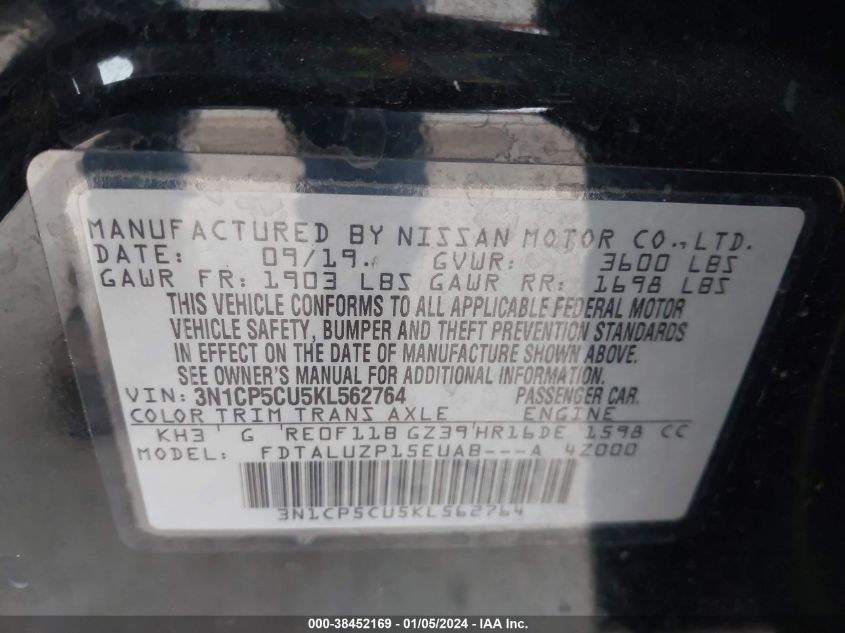 2019 NISSAN KICKS S/SR/SV - 3N1CP5CU5KL562764