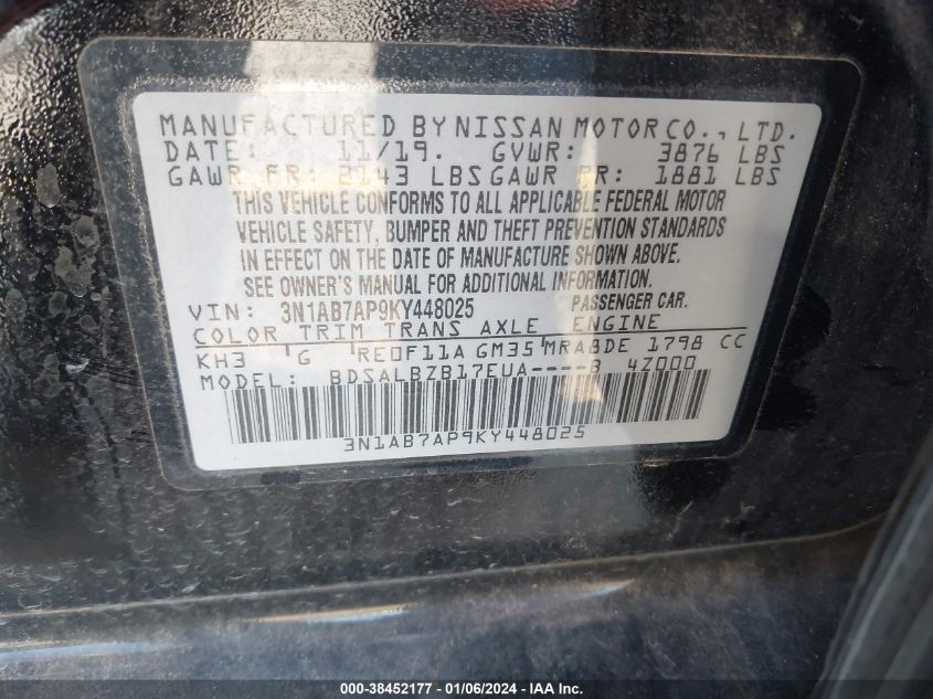 2019 NISSAN SENTRA S/SV/SR/SL - 3N1AB7AP9KY448025
