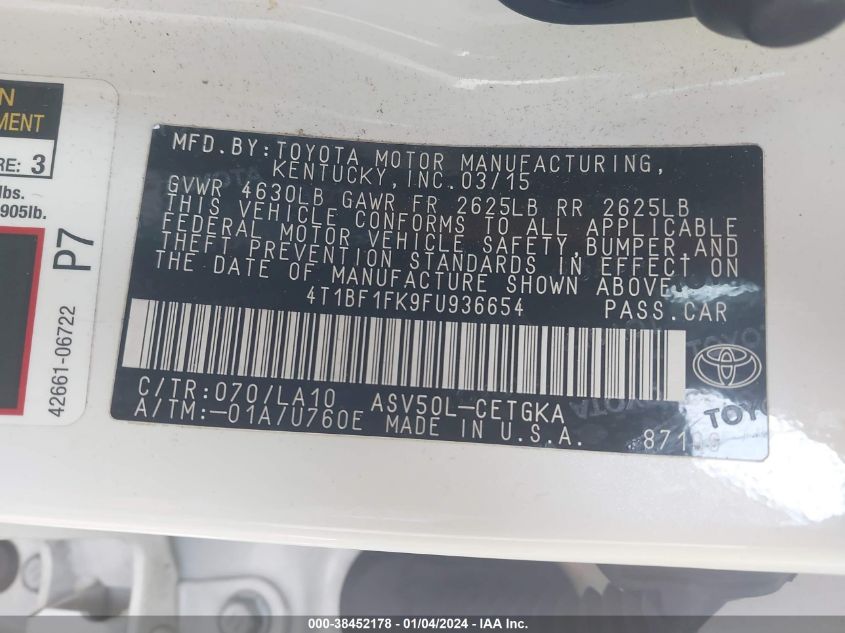 2015 TOYOTA CAMRY XLE - 4T1BF1FK9FU936654