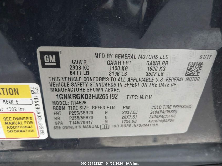 2017 CHEVROLET TRAVERSE LT - 1GNKRGKD3HJ265192