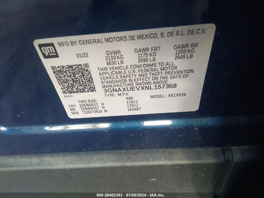 2022 CHEVROLET EQUINOX LT - 3GNAXUEVXNL157368