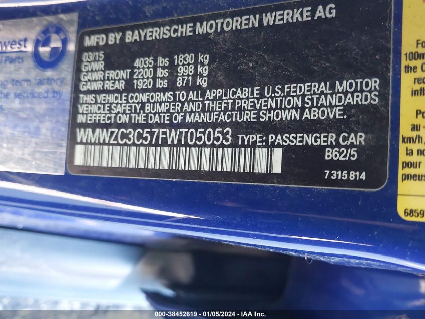 2015 MINI COUNTRYMAN COOPER S WMWZC3C57FWT05053