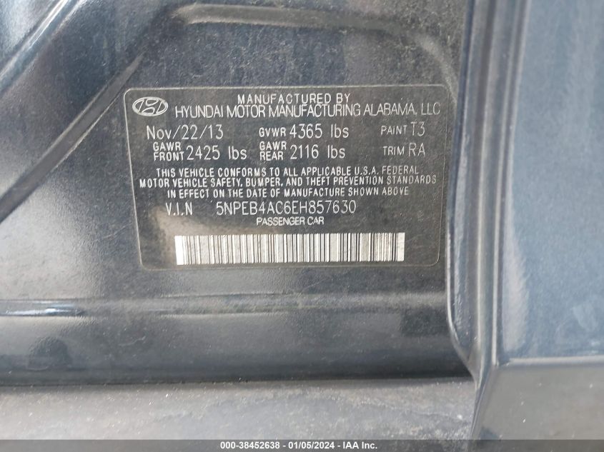 2014 HYUNDAI SONATA GLS - 5NPEB4AC6EH857630