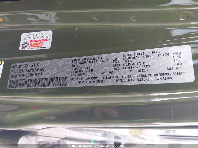VIN 1C6JJTEG3ML606882 2021 JEEP GLADIATOR MOJAVE 4X4