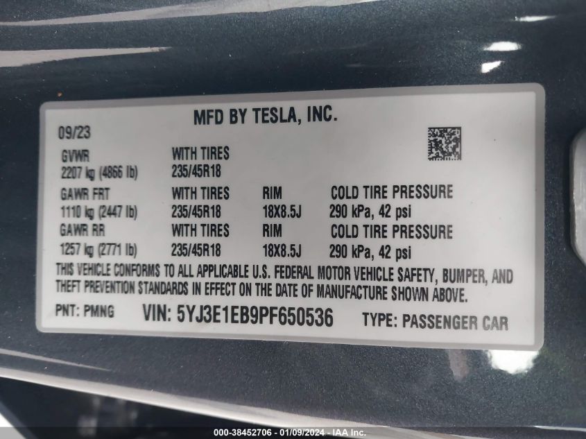 2023 TESLA MODEL 3 LONG RANGE DUAL MOTOR ALL-WHEEL DRIVE - 5YJ3E1EB9PF650536