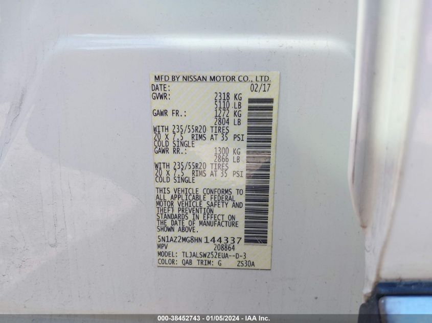 2017 NISSAN MURANO S/SL/SV/PLATINUM - 5N1AZ2MG8HN144337