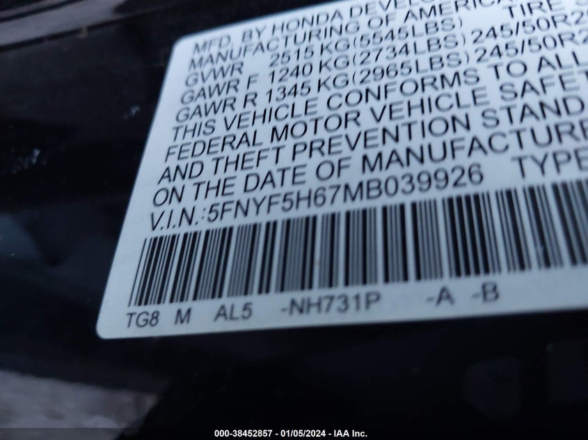 VIN 5FNYF5H67MB039926 2021 HONDA PILOT TOURING