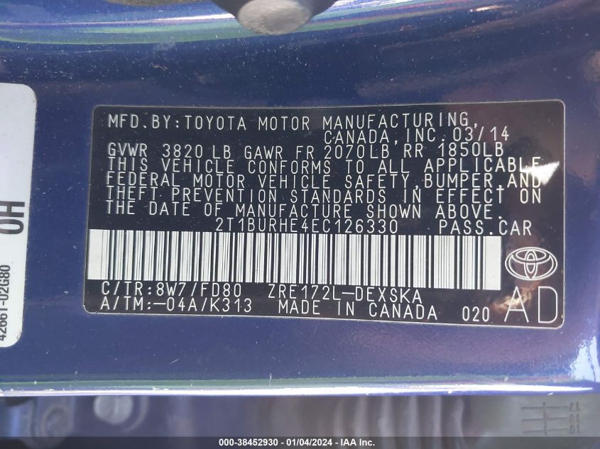 2014 TOYOTA COROLLA L/LE/LE PLS/PRM/S/S PLS - 2T1BURHE4EC126330