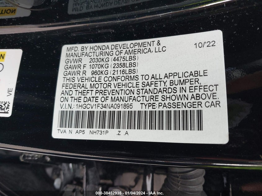 VIN 1HGCV1F34NA091895 2022 HONDA ACCORD SPORT