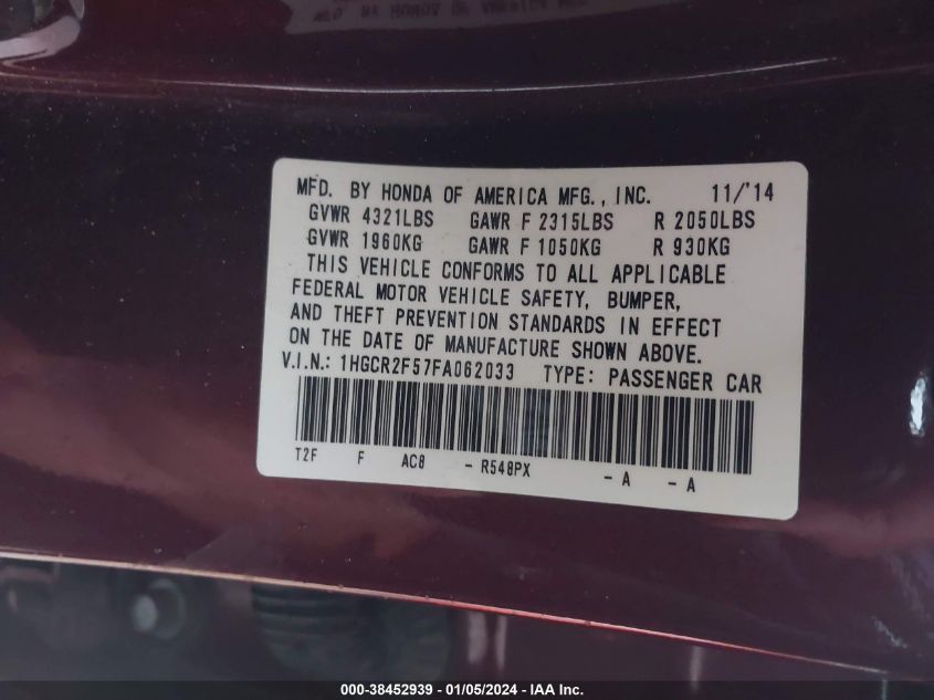 2015 HONDA ACCORD SPORT - 1HGCR2F57FA062033