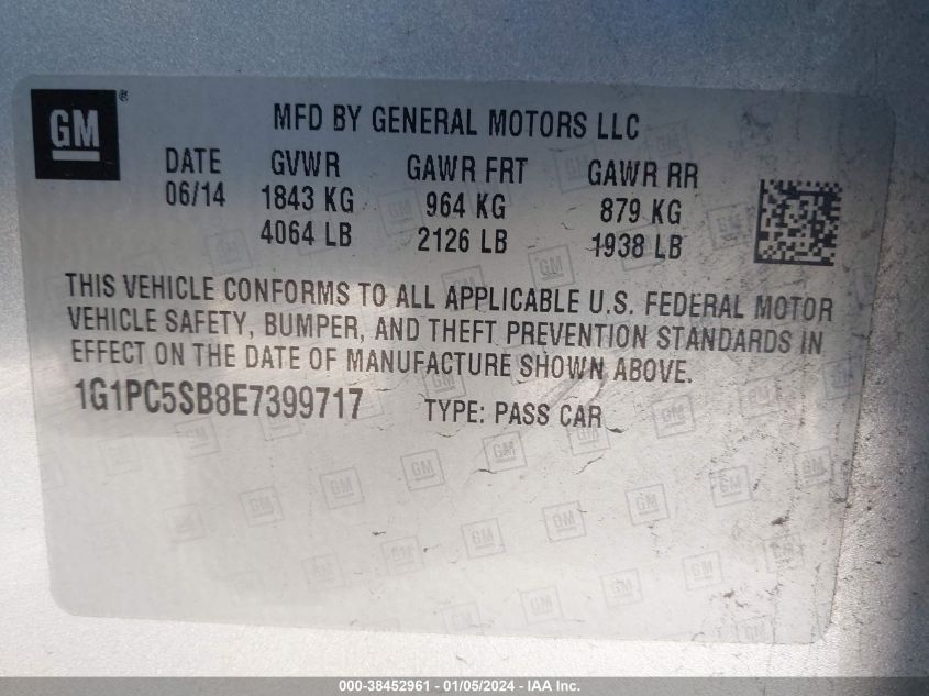 2014 CHEVROLET CRUZE LT - 1G1PC5SB8E7399717