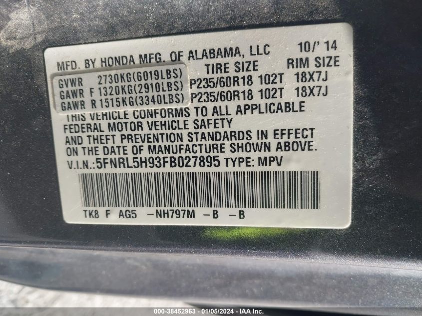 2015 HONDA ODYSSEY TOURING/TOURING ELITE - 5FNRL5H93FB027895
