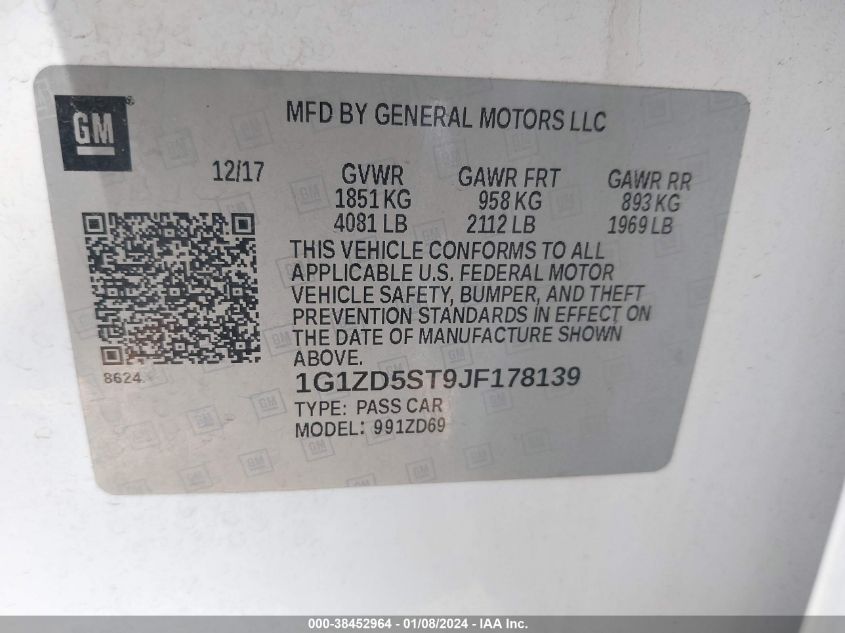 2018 CHEVROLET MALIBU LT - 1G1ZD5ST9JF178139
