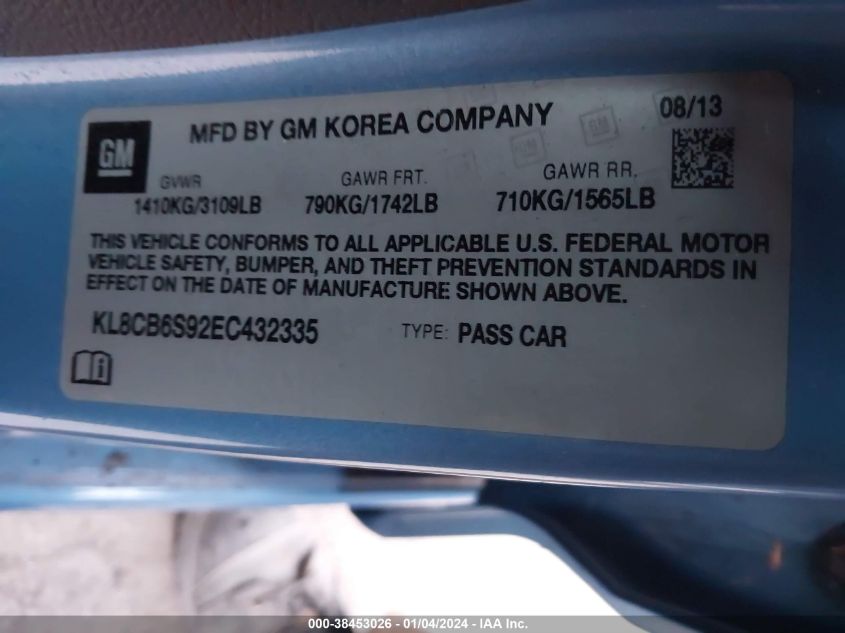 2014 CHEVROLET SPARK LS AUTO - KL8CB6S92EC432335