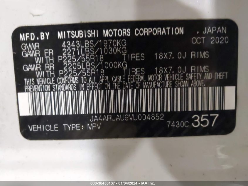 2021 MITSUBISHI OUTLANDER SPORT 2.0 BE AWC/2.0 ES AWC/2.0 LE AWC/2.0 SE AWC - JA4ARUAU9MU004852