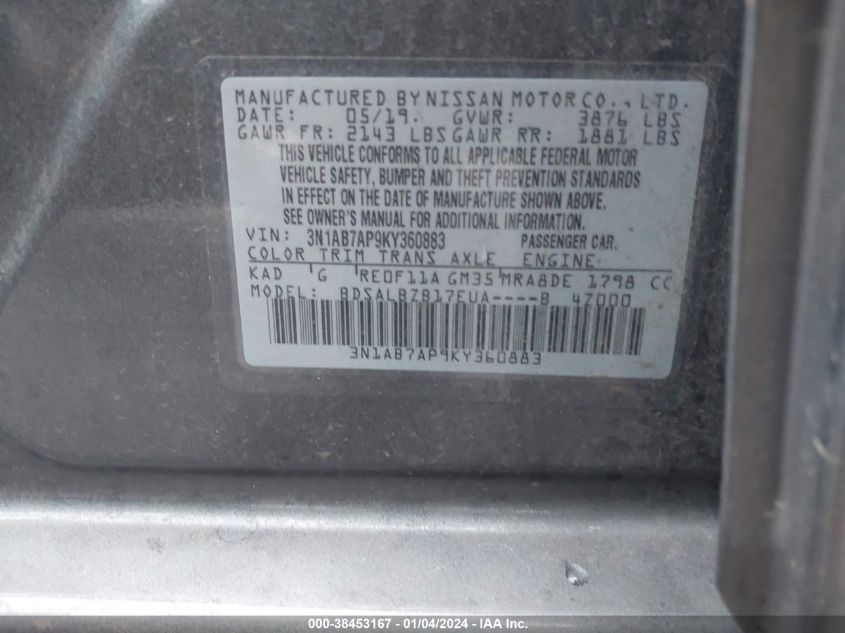 2019 NISSAN SENTRA S - 3N1AB7AP9KY360883