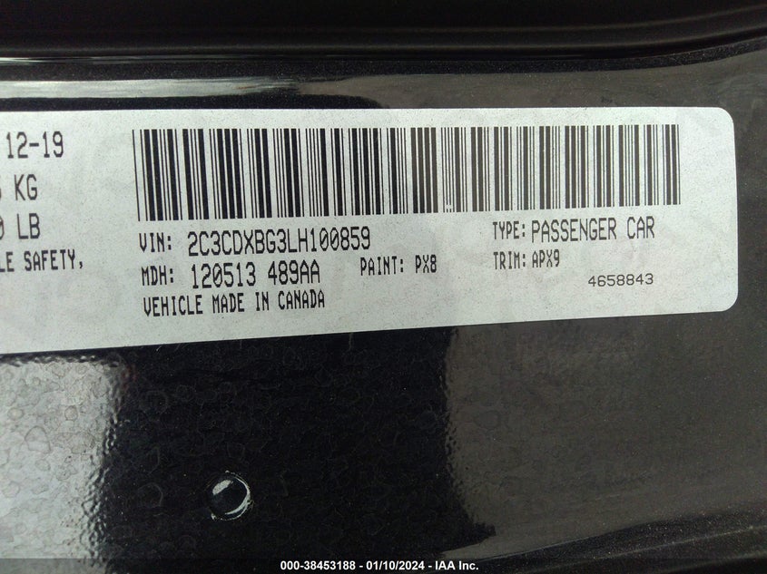 VIN 2C3CDXBG3LH100859 2020 DODGE CHARGER SXT