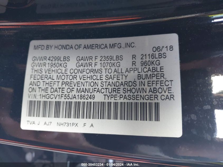 2018 HONDA ACCORD EXL - 1HGCV1F55JA186249