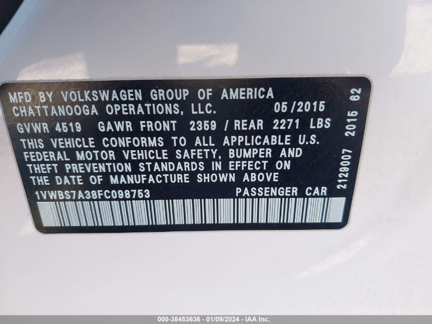 2015 VOLKSWAGEN PASSAT - 1VWBS7838FC098753