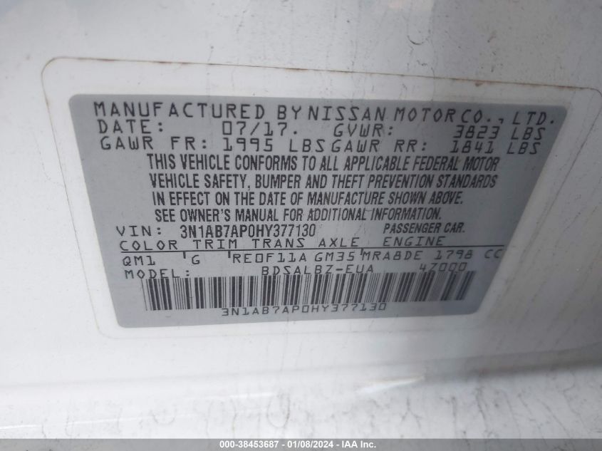 2017 NISSAN SENTRA S/SV/SR/SL - 3N1AB7AP0HY377130